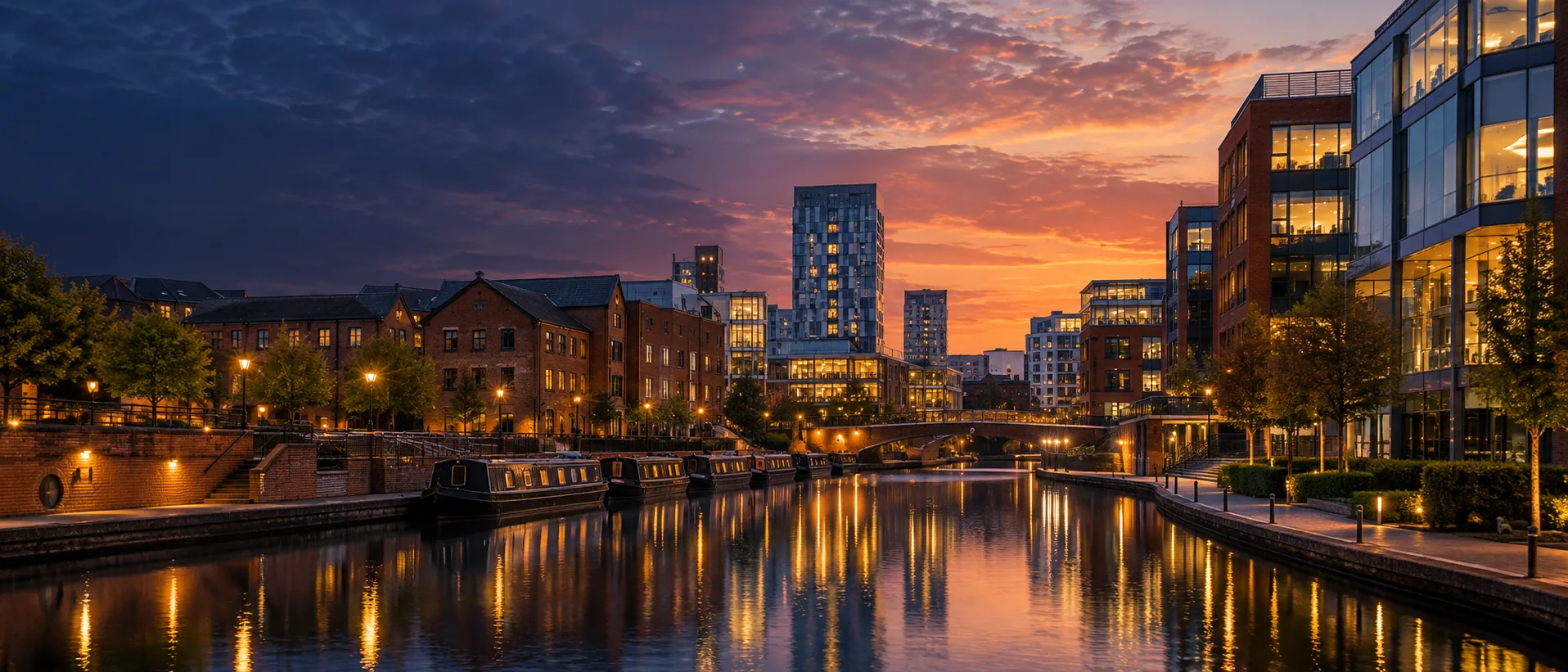 Illustrative canal and modern city buildings in Birmingham
