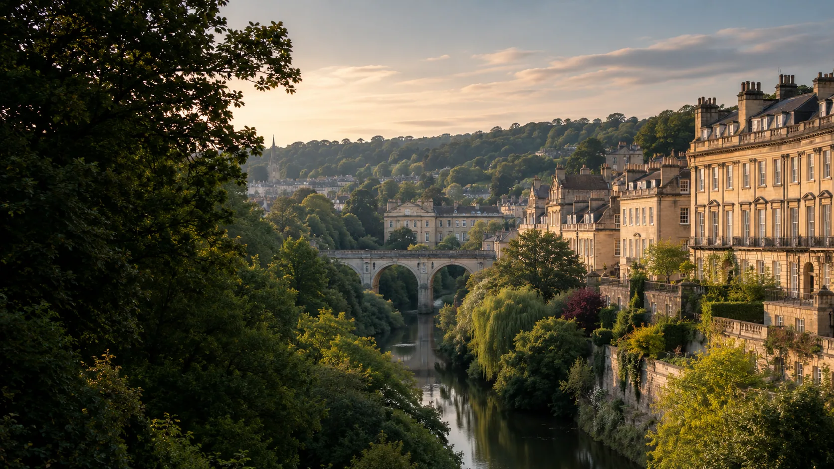 Illustrative Georgian architecture in Bath above a river valley