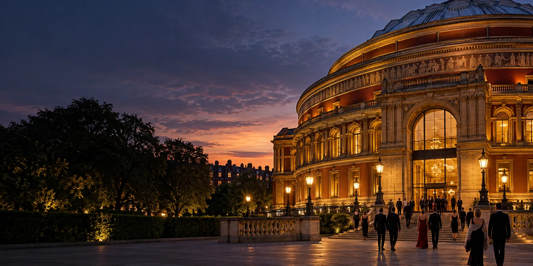 Illustrative evening arrival at a grand London event venue