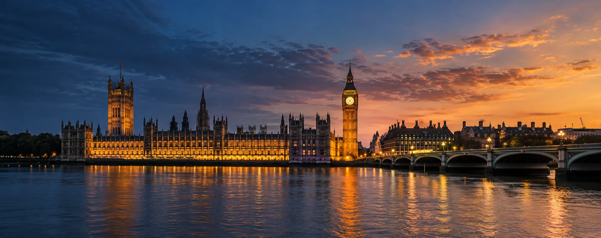 Illustrative Westminster skyline across the Thames at dusk
