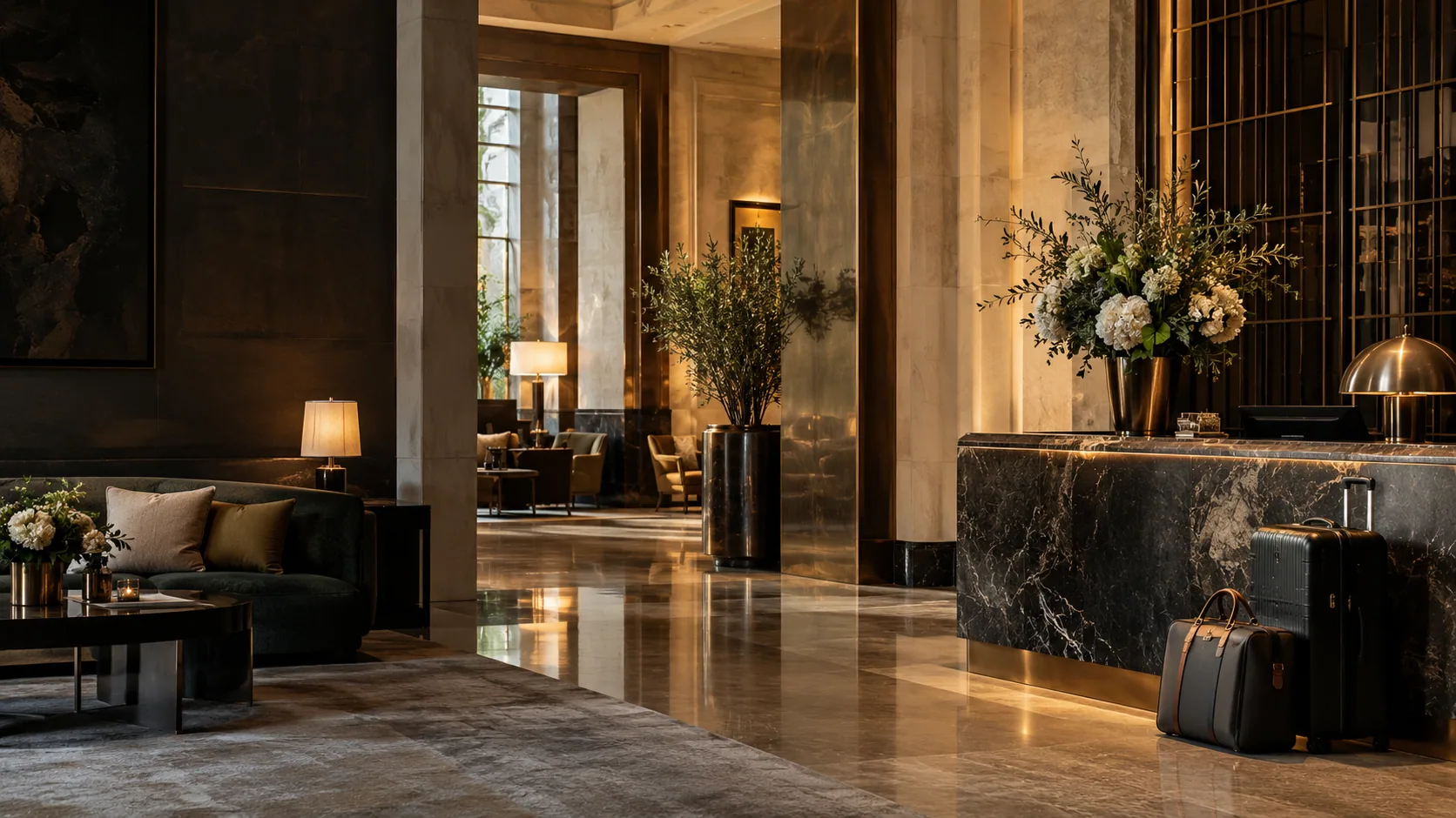 Illustrative luxury hotel lobby with a travel case